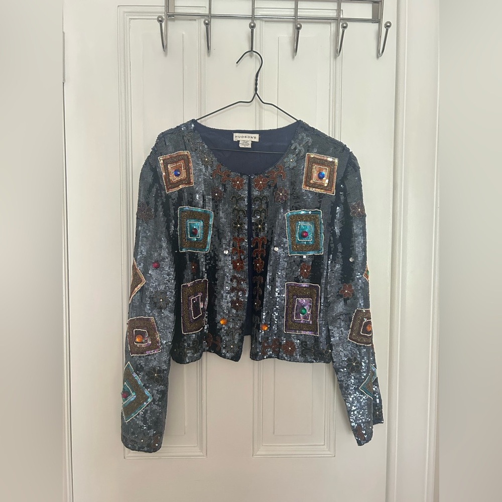 Vintage Hudson’s Silk Sequin Beaded Jacket Large – 90s Party Statement